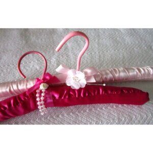 Fabric Satin Padded Hangers Pink Colors - Beaded Floral Decoration - Set Two (2)